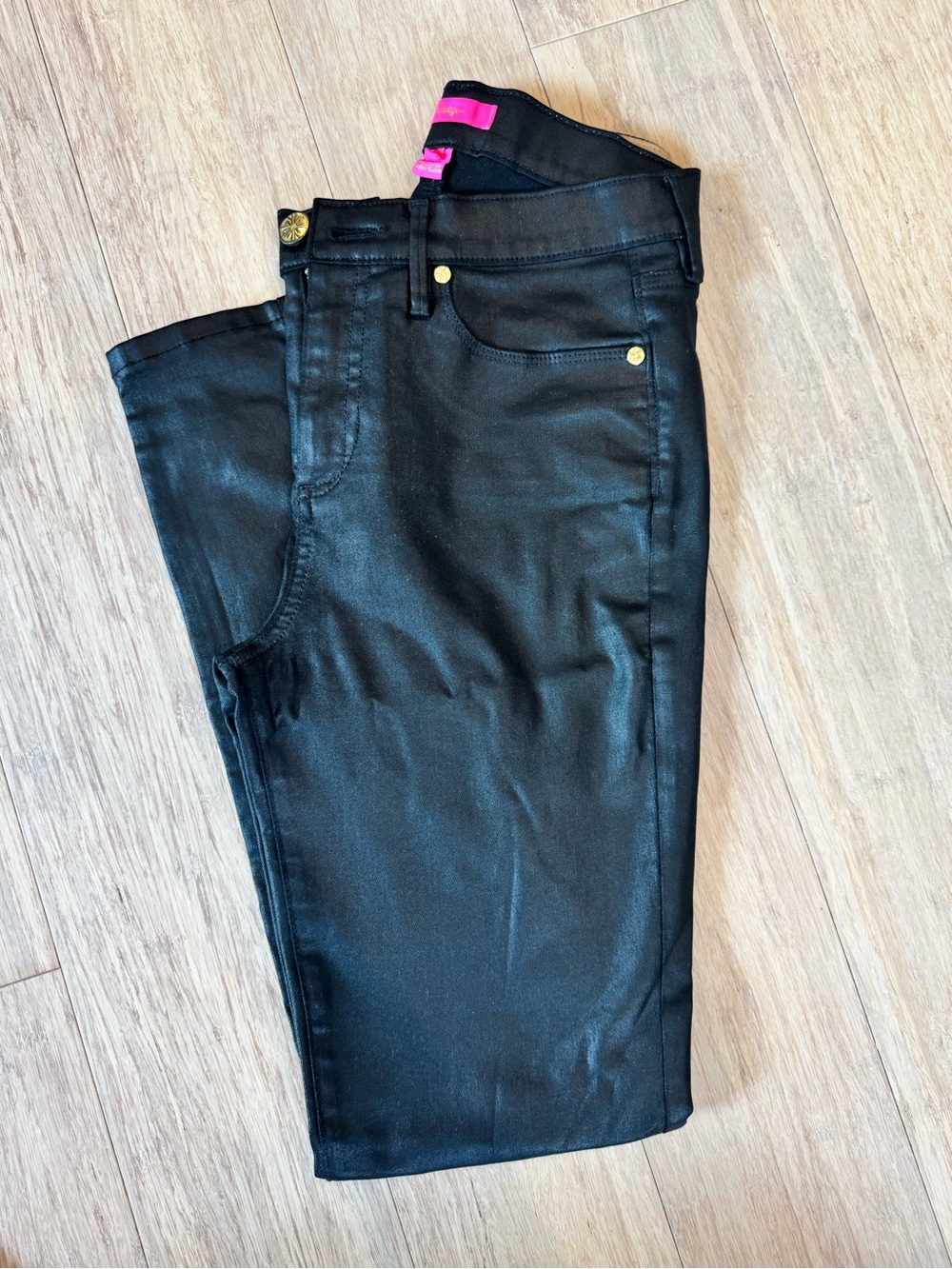 Lilly Pulitzer Black Coated Skinny Jeans with Pink Accent